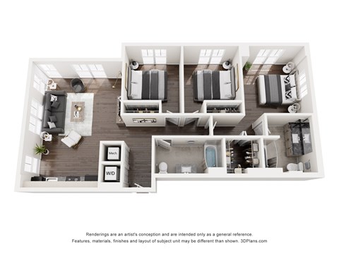 Floor plan for 3 beds, 2 baths, 1157 sqft